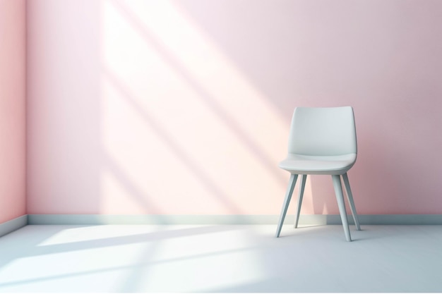 White chair in empty room with pink wall and sunlight