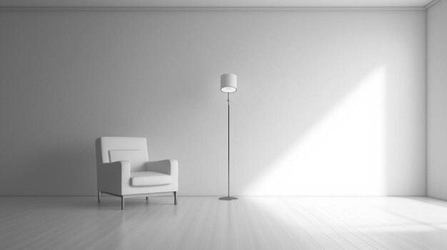 a white chair and a lamp in a room with a white wall.