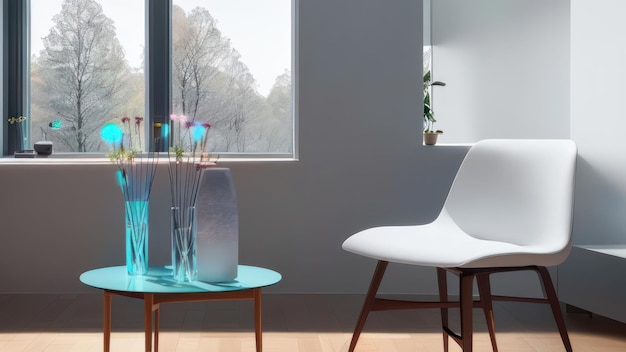 파란색 테이블과 파란색 커피 테이블이 있는 거실의 흰색 의자.