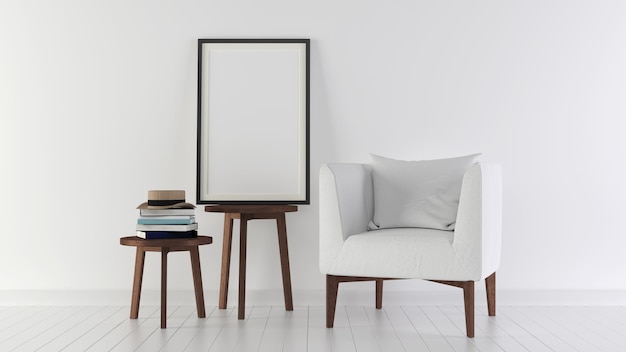 A white chair in a living room with a frame on the wall and a stack of books on the table 3d render