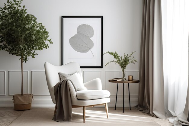 A white chair in a living room with a plant on the side.