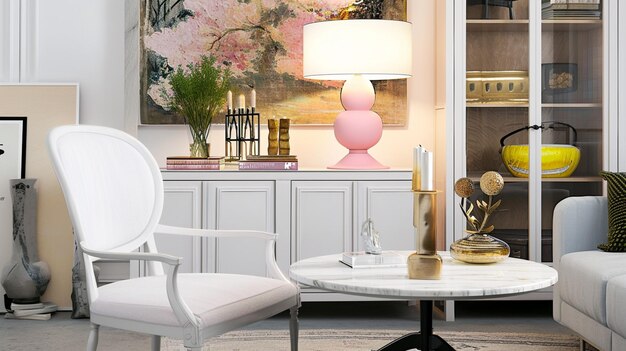 White chair and marble table under pink lamp in eclectic living room interior Generative Ai