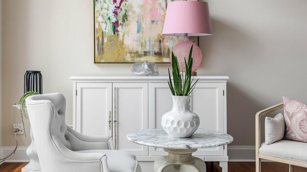 White chair and marble table under pink lamp in eclectic living room interior Generative Ai