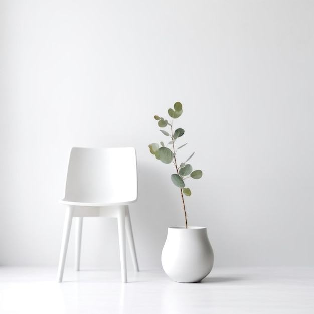a white chair and a plant in a white vase with a plant in it.