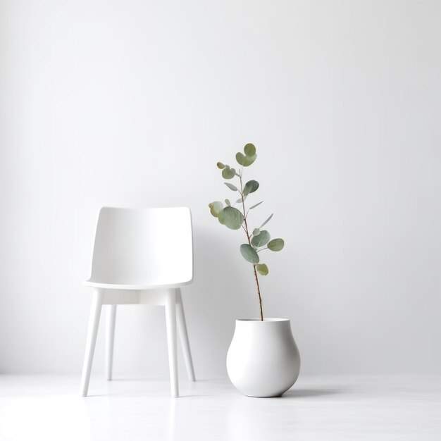 a white chair and a plant in a white vase.