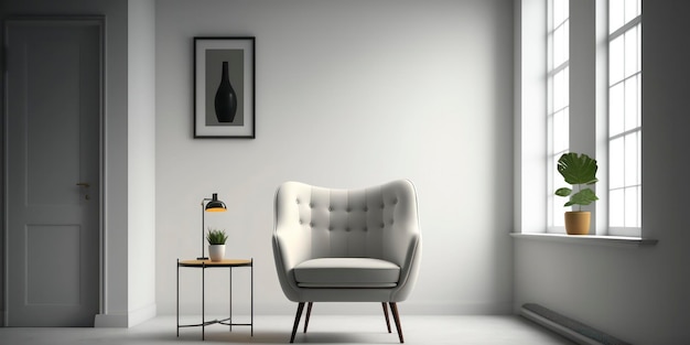 A white chair in a room with a lamp on the side table.