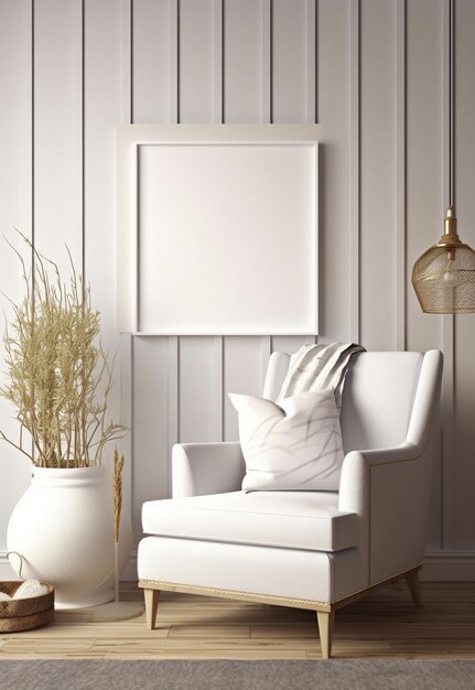 A white chair in a room with a plant on the wall