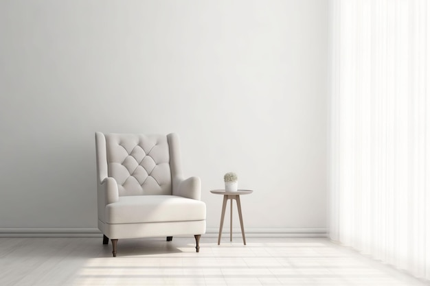 A white chair in a room with a small table and a small round table.