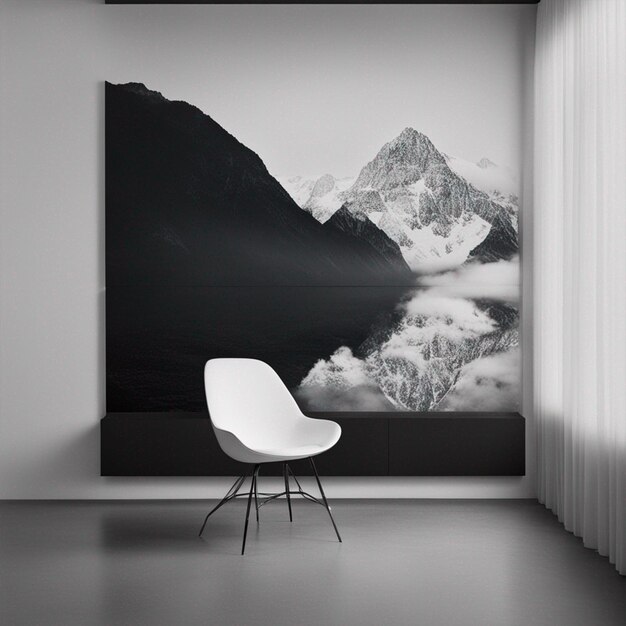 A white chair sits in front of a black wallpaper