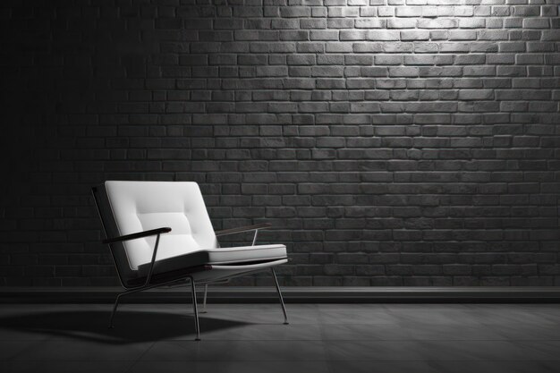 A white chair sits in front of a brick wall.