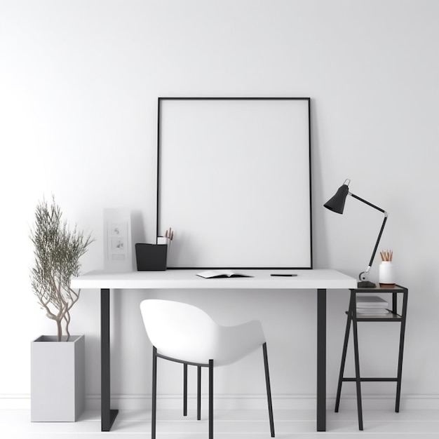 A white chair sits in front of a desk with a picture frame on it ai generated