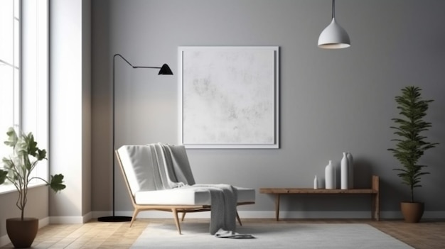 A white chair sits in a living room next to a white table.