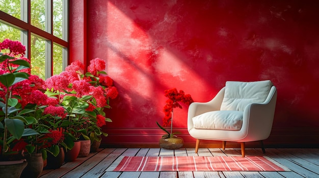 White chair sits in room with red walls and pink flowers near it