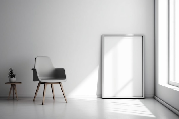 A white chair sits in a white room next to a large white poster.