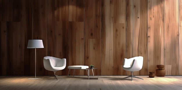 white chair and a table in a room with a wall