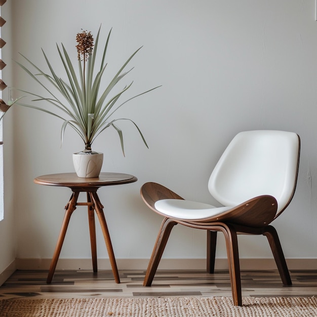 a white chair and a table with a plant on it