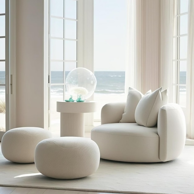 A white chair with a blue pillow sits in a white room with a large window and a blue ball.