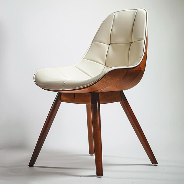 a white chair with wooden legs and a leather seat