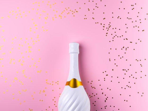 White Champagne bottle with party streamers on pink background 3d render illustration