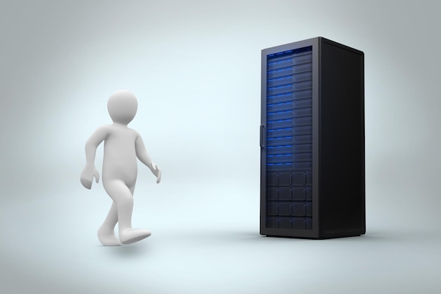 Photo white character walking against digitally generated black server tower