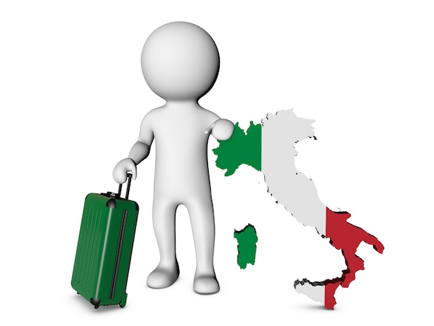 White character with suitcase visits italy