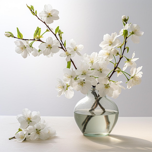 White cherry blossoms and fresh green leaves against a clean white background