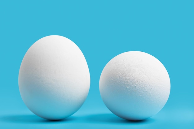 White chicken eggs on blue background