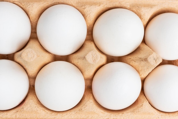 Photo white chicken eggs in carton box top view