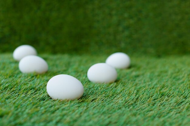 White chicken eggs on green grass which are a symbol for the celebration of the Easter religious holiday among Christians and Catholics