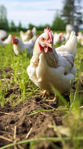 a white chicken with a red beak is standing in the grass