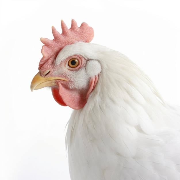 A white chicken with a red beak and yellow eye.