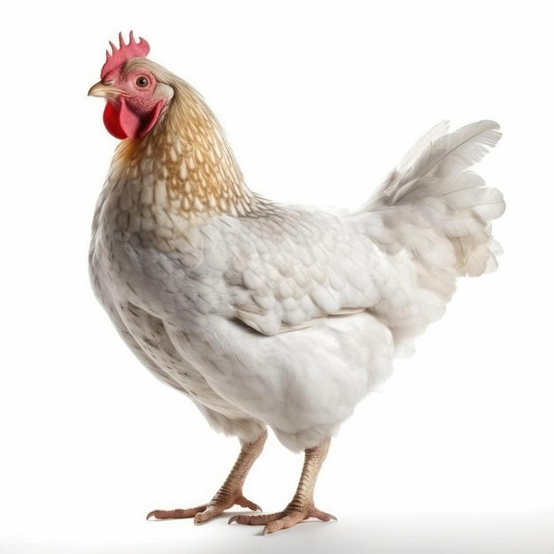 A white chicken with a red comb and a yellow head