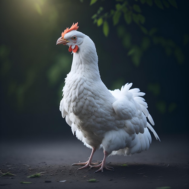 A white chicken with a red crest on its head stands in front of a dark background.