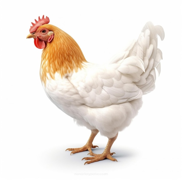 A white chicken with a red head and a red comb a white background