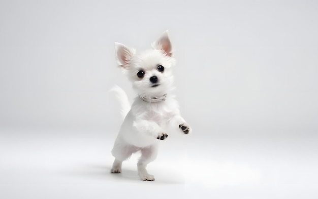 A white chihuahua is standing on its hind legs.