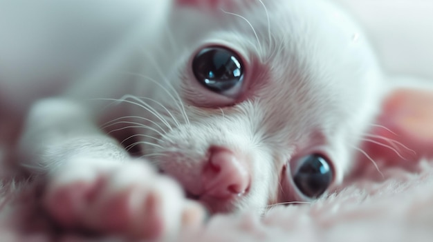 White chihuahua puppy with blue eyes lying on pink blanket