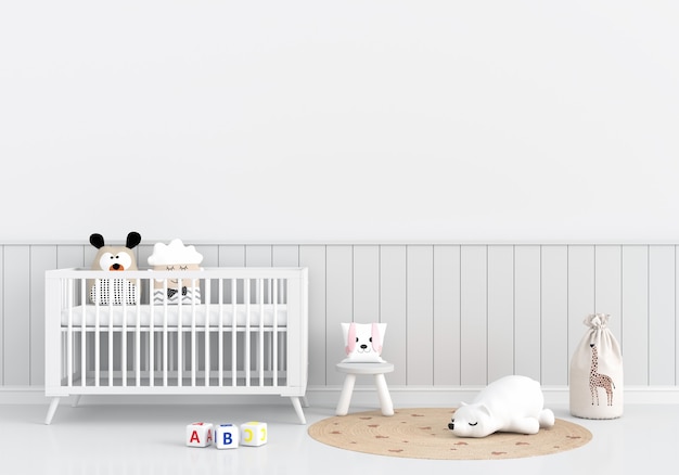 Foto interno bianco della stanza del bambino con culla e giocattoli