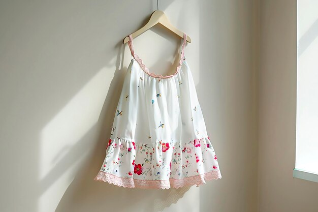 White childrens summer dress hanging on a white wall