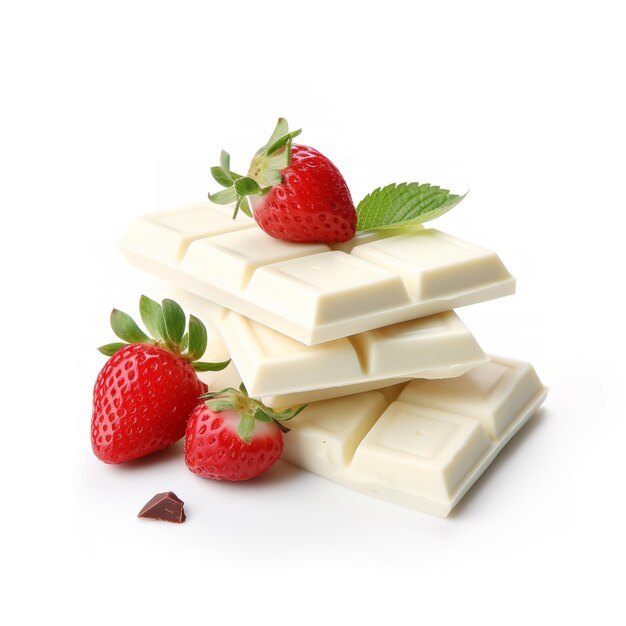 Photo white chocolate tiny bars with strawberry isolated on white background