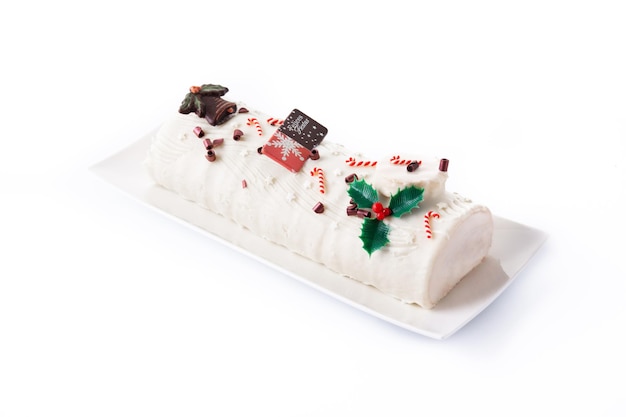 White chocolate yule log cake