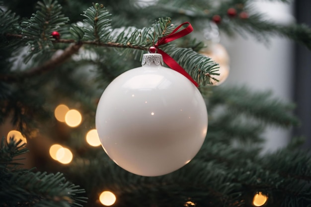 a white christmas ball on a decorated branch