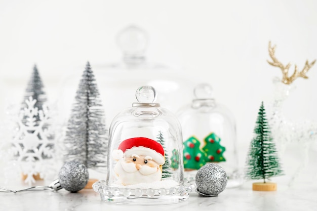 White Christmas Concept, Santa Claus Cookies with Icing Sugar . Copy Space for Text and Advertisement