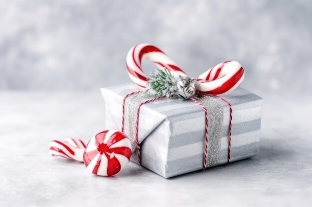 a white christmas gift wrapped in silver and red ribbon.