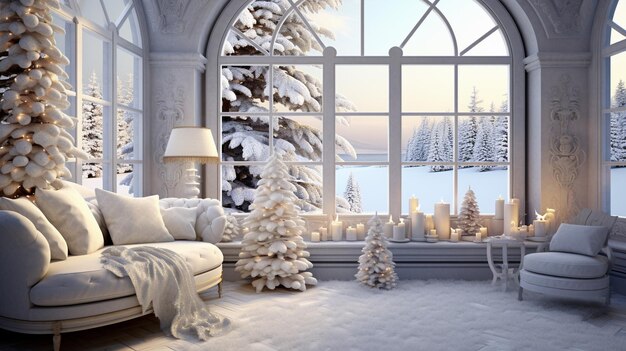 Белое Рождество в помещении и большое окно со снегом снаружи
