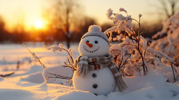 Foto il pupazzo di neve bianco di natale sulla neve il sole d'inverno splende sul pupazzo di neve il pupazzo de neve con il cappello nel soleggiato tempo di natale