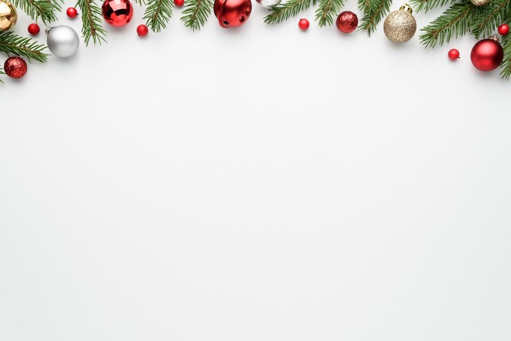 White christmas tree background with fir branches and decorations. Happy holidays frame with copy space for festive text. Top view, flat lay
