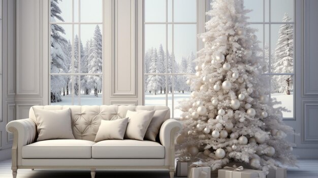 Белая рождественская елка и диван перед окном.