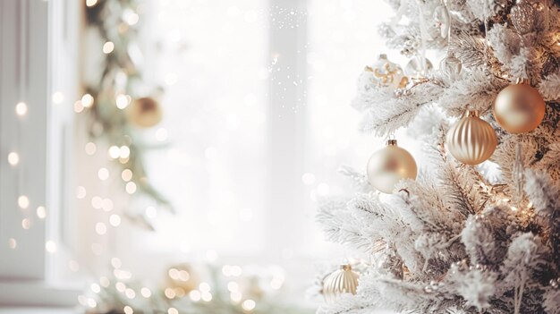 田舎のイギリスのカントリーコテージの家の装飾の家と休日のお祝いのインスピレーションのための白いクリスマスツリーの装飾