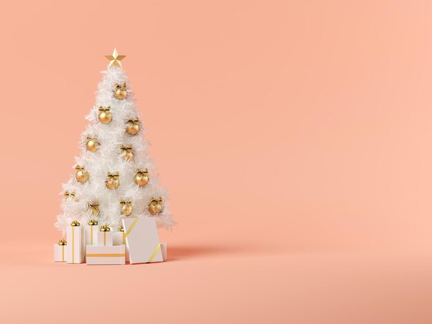 ピンクの背景の 3 D イラストを白いクリスマス ツリー