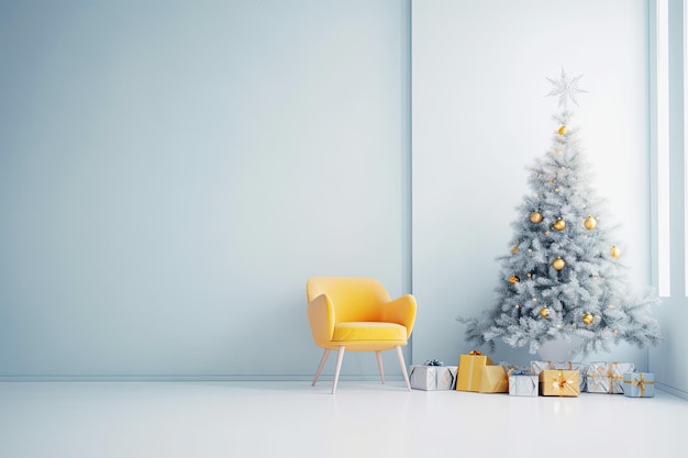 White christmas tree in a room with a yellow chair generative ai